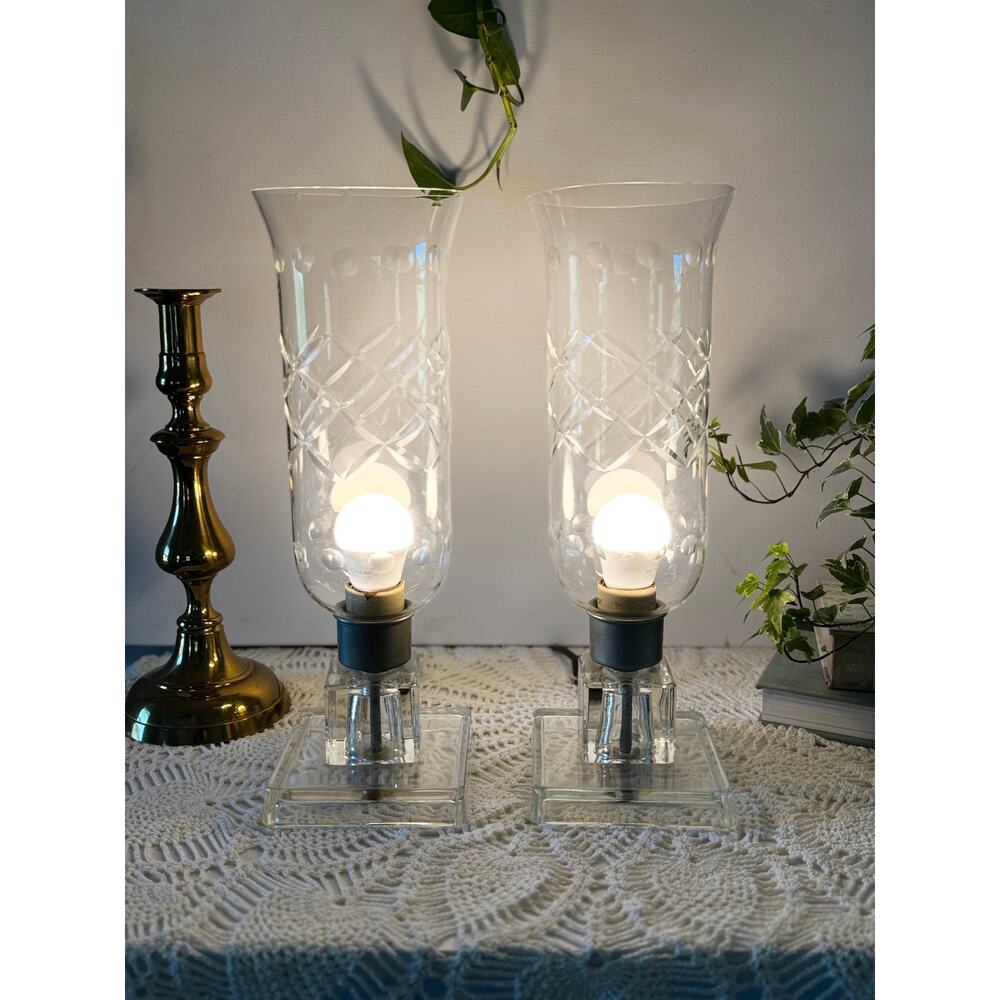 Vintage Glass Table Lamps Pair Etched Hurricane Shades Clear Pedestal Bases